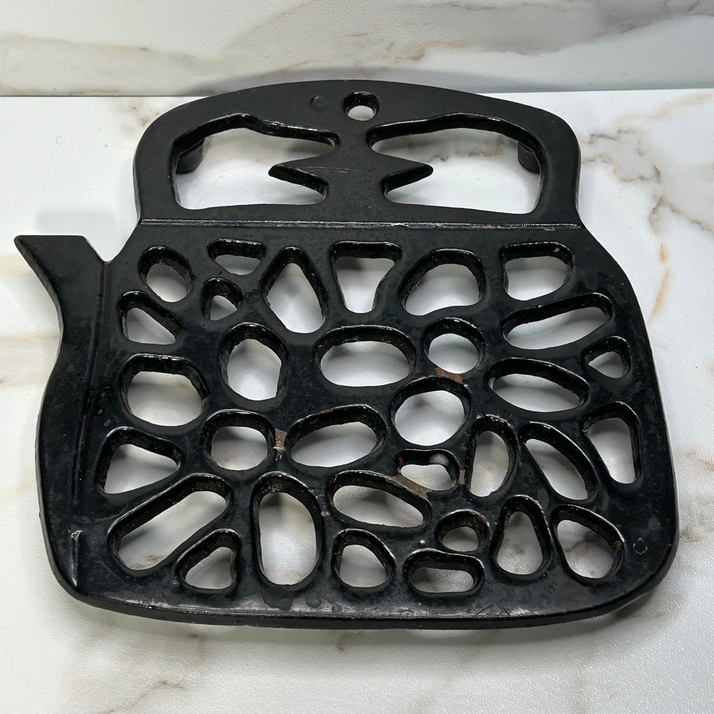 Vintage Black Cast Iron Teapot Trivet Rustic Farmhouse Kitchen Decor Hot Pad